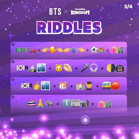 r/CookieRunKingdoms • idk if i should post this, but can someone help me with the <b>bts</b> <b>riddles</b>? r/CookieRunKingdoms. . Bts riddle kingdom answer